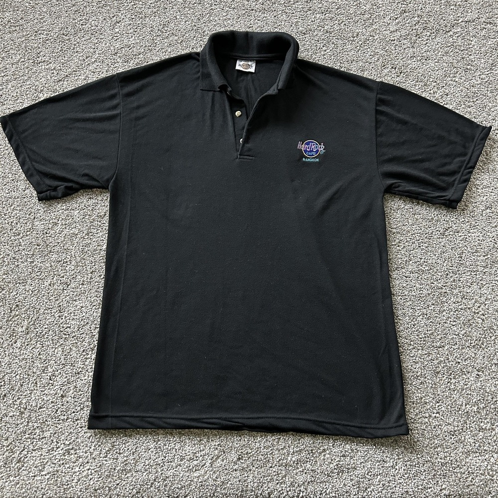 Hard Rock Cafe Polo Shirt Mens XL Black Solid Knit Short Sleeve Bangkok Logo